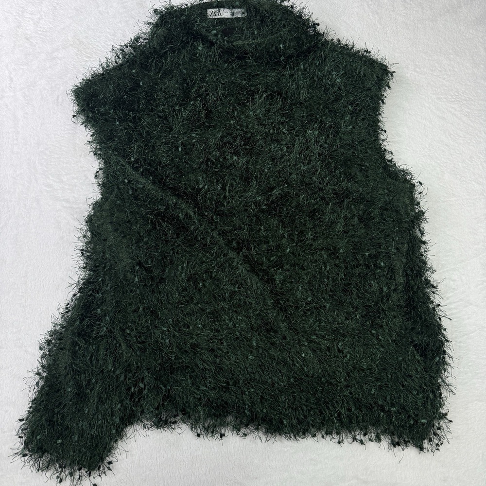 Zara Blouse Womens L Green Pullover Cowl Neck Textured Feathered Fuzzy Holiday